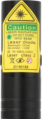 Puntero láser verde G2 Pro compacto – primer plano de la etiqueta de advertencia con la clase láser