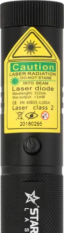Puntero láser verde G3 Pro – primer plano de la etiqueta de advertencia con la clase láser
